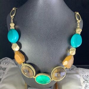BRUSHED GOLD TONE ACRYLIC BROWN TEAL GREEN FASHION NECKLACE